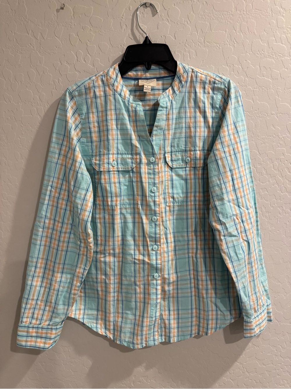 St. John's Bay Light Blue and Orange Plaid Button-Down Shirt
